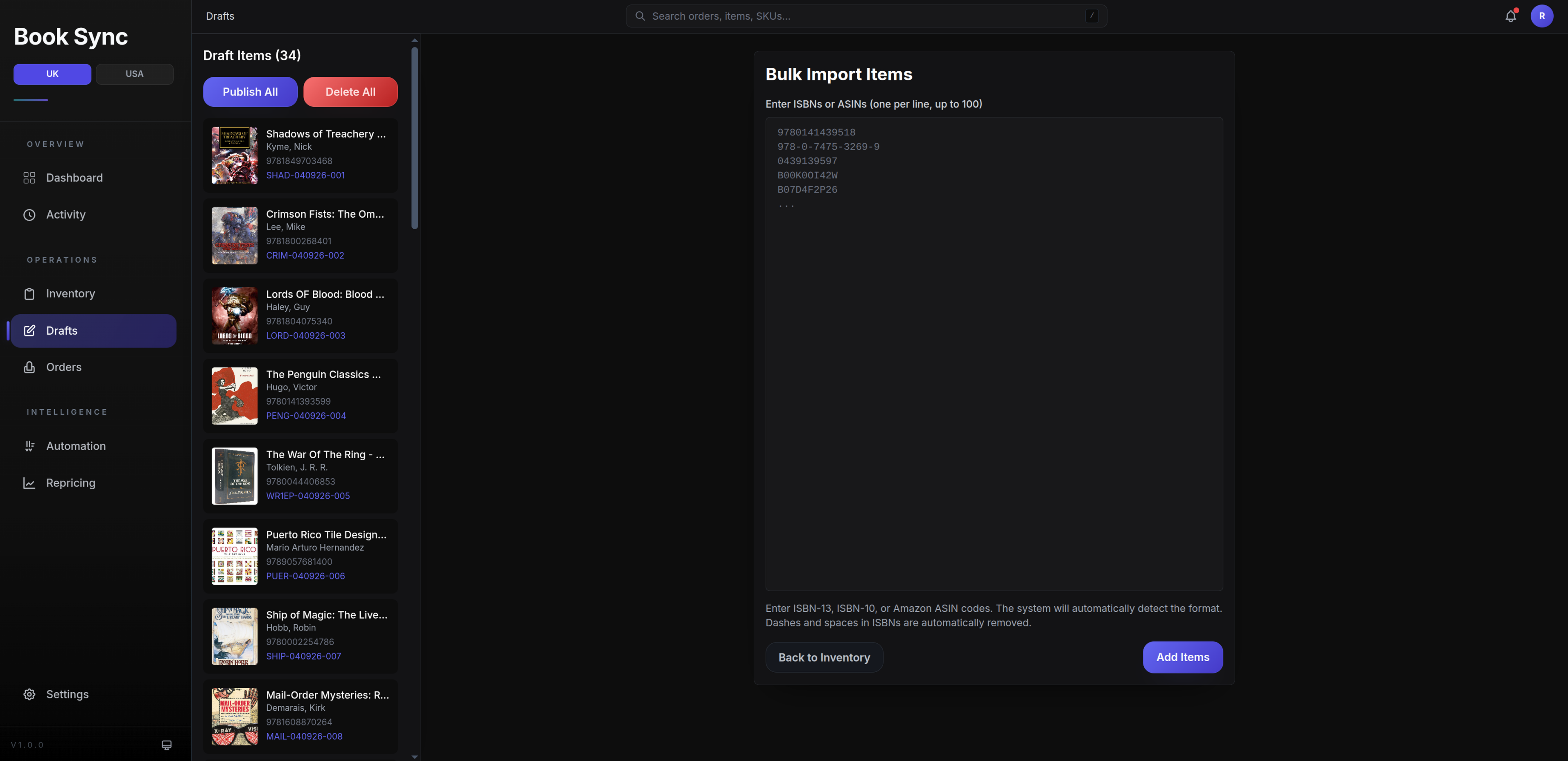 Bulk import and draft items