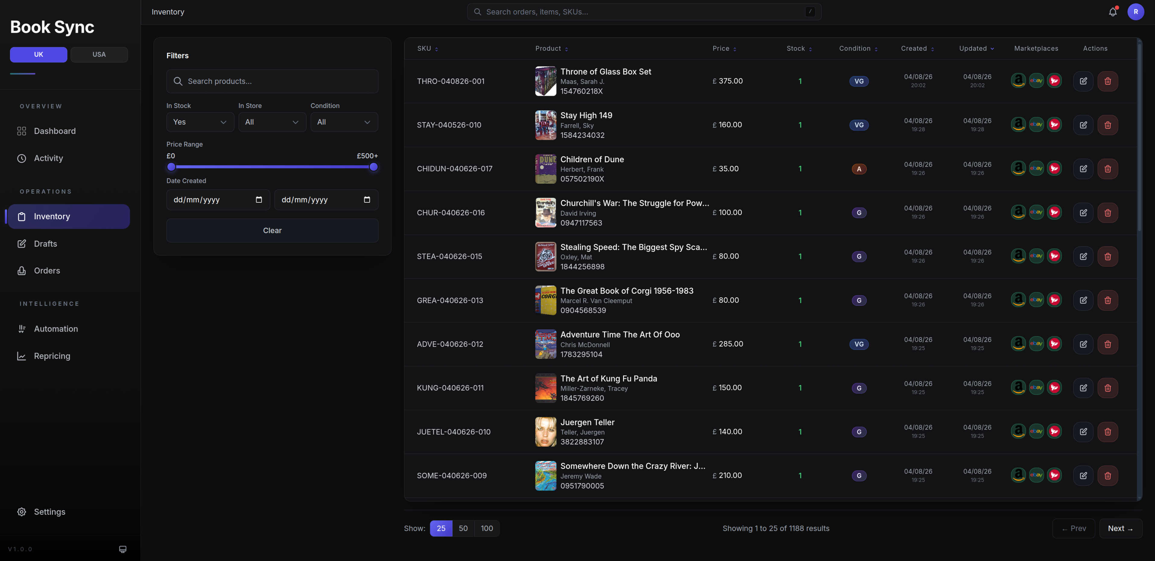 Book Sync inventory dashboard showing live book listings across Amazon, eBay, and AbeBooks